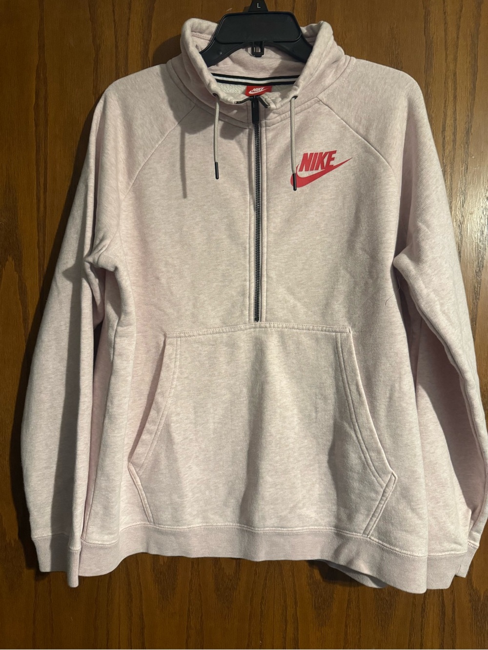 Nike Light Pink Half-Zip Puffer Hoodie with Red Logo